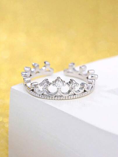 1pc Elegant Cubic Zirconia Crown Open Ring, Women's Party & Daily Jewelry, Copper Material, Non-Fading & Hypoallergenic, Ideal Gift