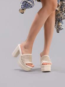 Fashion Thick Sole Waterproof Platform High Heel Open Toe Sandals, Suitable For Ball, Party, Runway, Chunky Heel Slide Sandals For Women - Beige - View 8