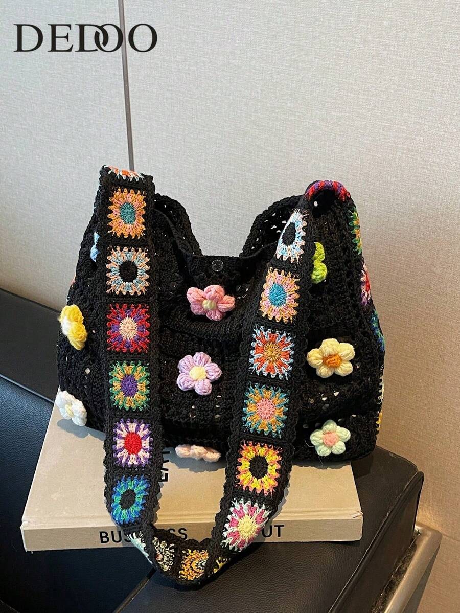 Retro Hollow-Out Floral Contrast Color Casual Crossbody Bag(The Color Position Of Flowers Is Random) - Black - View 1