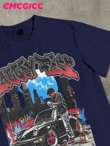 EMCGICC Street Life Men's Y2k Style (220 Pure Cotton T-Shirt)  Retro Graphic Funny Double-Sided Printing,Halloween ,Men's Summer Tops Round Neck Short Sleeve Casual T-Shirt,Summer Street Sports Life Men's - 藏蓝色 - 查看 4