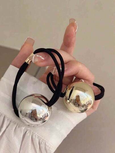 1/2pcs Metallic Gold/Silver Pom Pom Hair Ties, Elastic Hair Bands For Ponytail, Scrunchies