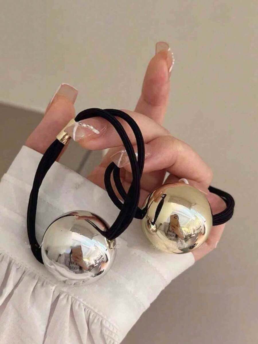 1/2pcs Metallic Gold/Silver Pom Pom Hair Ties, Elastic Hair Bands For Ponytail, Scrunchies