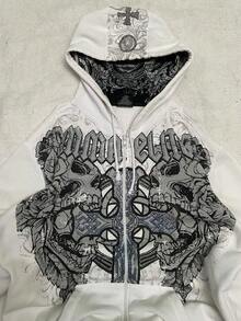 Y2K White Abstract Cross Graphic Zip-Up Hoodie | Oversized Streetwear Graffiti Print Jacket - 白色拉鍊現貨 - 查看 2