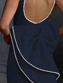 优雅浪漫假日约会舞会礼服、圣诞派对礼服、性感露背珍珠蝴蝶结派对礼服（女士款） - 寶藍色 - 查看 5