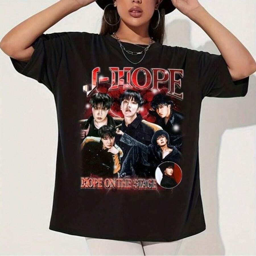 American Hip Hop Retro J-Hope Tour Men's T-Shirt Summer New Retro Fashion Men's And Women's Streetwe - màu đen - Xem 1
