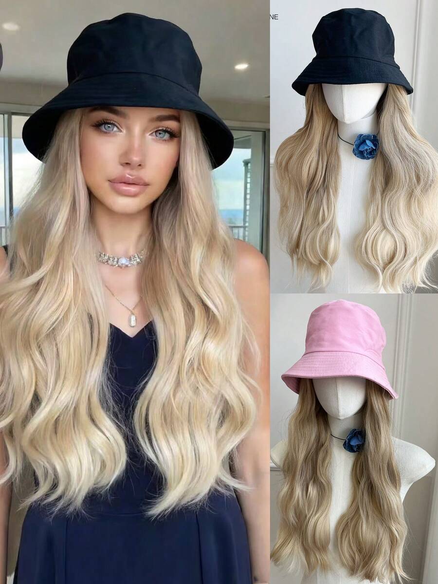 26-Inch Long Curly Synthetic Wig With Integrated Bucket Hat, Suitable For Women's Daily Wear.