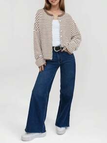Womens Striped Cardigan Casual Long Sleeve Open Front Button Down Loose Knit Lightweight Fall Sweaters - 棕色 - 查看 4