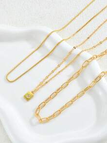 3pcs Fashionable Checkered Paperclip Box Chain Necklace With Sparkling Rhinestone Rectangle Pendant - Yellow Gold - View 4