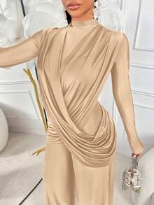 AIJ Amarilo Women'S Sexy Round Neck Long Sleeve Wrap Jumpsuit - Perfect For Parties & Gatherings Spring - Light Khaki - View 3