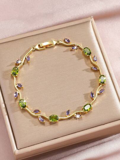 Colorful Gemstone Leaf Bracelet - Multicolor Crystal Branch Design Jewelry, Suitable For Date/Party Outfits