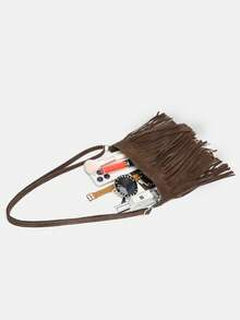 1 chiếc túi xách nữ cỡ trung bình kiểu retro bằng da lộn đơn sắc có tua rua, kiểu phương Tây phong cách Hồng Kông, đeo chéo một bên vai, đa chức năng, cá tính, tối giản, phong cách thường ngày, phù hợp cho đi làm, du lịch, mua sắm, dạo phố thường ngày dành cho phụ nữ sành điệu và sinh viên đại học. - Cà phê - Xem 7