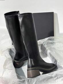 New Autumn/Winter Brown Over-The-Knee Chunky Heel Slim Boots, Classic Black Mid-Calf Riding Boots, Fashion Tall Boots For Women,Party - màu đen - Xem 5