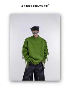 Suéter de punto masculino con flecos deconstructivos pliegues y cuello redondo holgado y cálido para otoño e invierno colores sólidos estilo minimalista y de moda - Verde - Ver 2