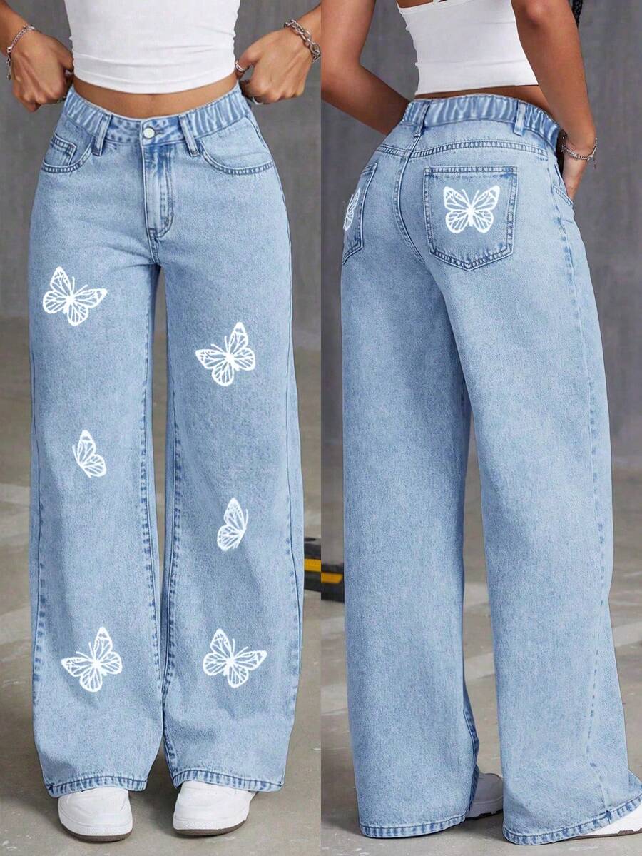 女童宽松牛仔裙裤，蝴蝶印花，休闲舒适