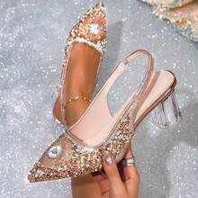 女士尖头水钻装饰透明水晶鞋跟舒适套脚凉鞋,优雅舞鞋,适合婚礼、派对、情人节等场合 - 香檳色 - 查看 10
