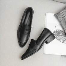 4厘米粗跟女士乐福鞋，黑色PU皮革亮面办公工作休闲一脚蹬鞋 - 磨砂黑 - 查看 2