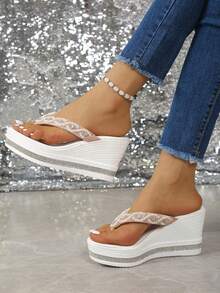 Dép xăng đan đế xuồng chống thấm nước thời trang nữ cho mùa xuân/hè, kiểu xỏ ngón đa năng với điểm nhấn ngọc trai, dép lê đính đá tối giản, thích hợp cho hoạt động ngoài trời, đi biển và đi làm. - Hồng - Xem 2