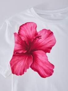 夏季女童碎花圆领T恤和阔腿裤两件套休闲套装 - 玫紅色 - 查看 8