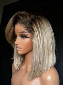 Short Ombre Ash Blonde 13x4 HD Transparent Straight Lace Frontal Wigs With Dark Roots Blonde Colored Glueless Bob Wig Human Hair For Women 250 Density Short Bob Wig Pre Plucked With Natural Hairline - Rooted&Ombre - Xem 4