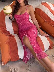 女士优雅玫瑰蕾丝吊带连衣裙，修身剪裁，侧开衩，适合海滩度假和春夏外出穿着。 - 玫紅色 - 查看 9