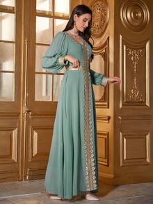 优雅雪纺褶裥长袖V领睡袍，饰有贴花和腰带细节 - 薄荷綠 - 查看 7