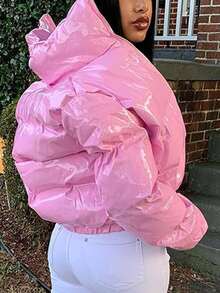 Women's Winter Stand Collar Cropped Coat,Shiny PU Puffer Jacket,  Quilted Oversized Padded Outerwear For Street Style - Pink - View 2