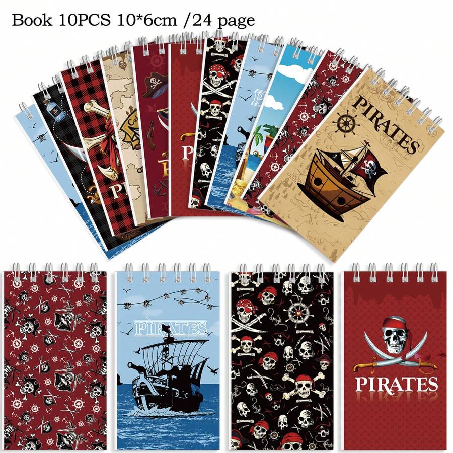 Conjunto de 10/20 cadernos com tema de navio pirata e caveira - Ideais para festas temáticas de piratas, aniversários, lembrancinhas escolares, material de escritório, artigos de papelaria, acessórios para presentes, cadernos fofos, estilo boêmio, cadernos espiral, blocos de notas portáteis, artigos de papelaria temáticos, mini cadernos, planejadores de festas, entusiastas de papelaria. - Multicolorido - Ver 1