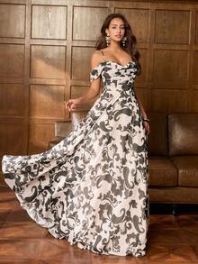 Faeriesty Vestido maxi de hombros abiertos elegante para mujer: Vestido ajustado con estampado floral, espalda cruzada, tirantes de espagueti y volantes escalonados en el bajo, con tirantes ajustables - Perfecto para sesión de fotos nupcial, invitada de boda de jardín, celebración de aniversario, escapada romántica, fiestas formales de primavera en interiores, color negro - Negro - Ver 9