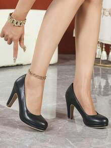 Giày cao gót công sở nữ, màu đen, mũi tròn, kiểu dáng slip-on, đế dày, phù hợp đi làm. - màu đen - Xem 14