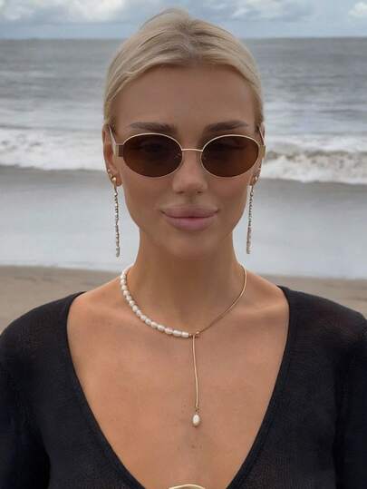 1pc Oval Fashionable Metal Glasses, Retro Versatile Casual Women's Glasses, Suitable For Autumn/Winter And Summer Beach Accessories