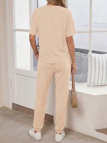 Women's Two-Piece Suit Short-Sleeved Pullover With Drawstring Trousers Sportswear Casual Jogging Suit - Màu be - Xem 5
