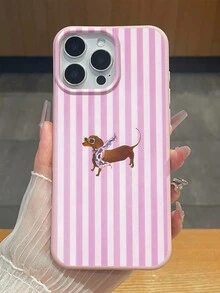 Pink Stripe Dachshund Soft Phone Case - Cute Y2K Aesthetic, Puppy Accessory, Faux Leather Texture, Compatible With IPhone & Galaxy - Pink - View 3