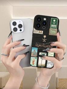 Middle East 1pc Fashion Creative Stamp Building Patchwork 2D Printed Black Phone Case, TPU Material Anti-Fall, Waterproof, Fingerprint-Proof, Compatible With Apple 16/15/14 Plus/13/12/11/Pro Max/Pro/Plus - Black - View 4
