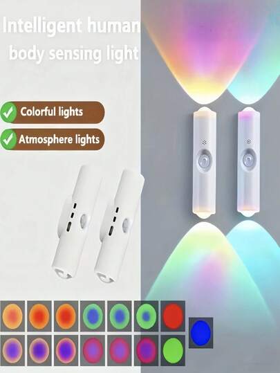 2个RGB变色猫眼感应USB智能氛围灯，带PIR传感器，支持RGB和3种调光模式，易于安装，适用于卧室、楼梯、衣柜、人体感应壁灯、感应灯泡、感应猫眼灯