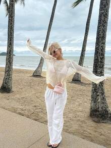 FOR BEAUTY Women's Spring/Summer Low Round Neck Long Sleeve Crochet Knit Sweater Top, Lightweight Loose Beach Cover-Up Casual Pullover Vacation White - White - View 7