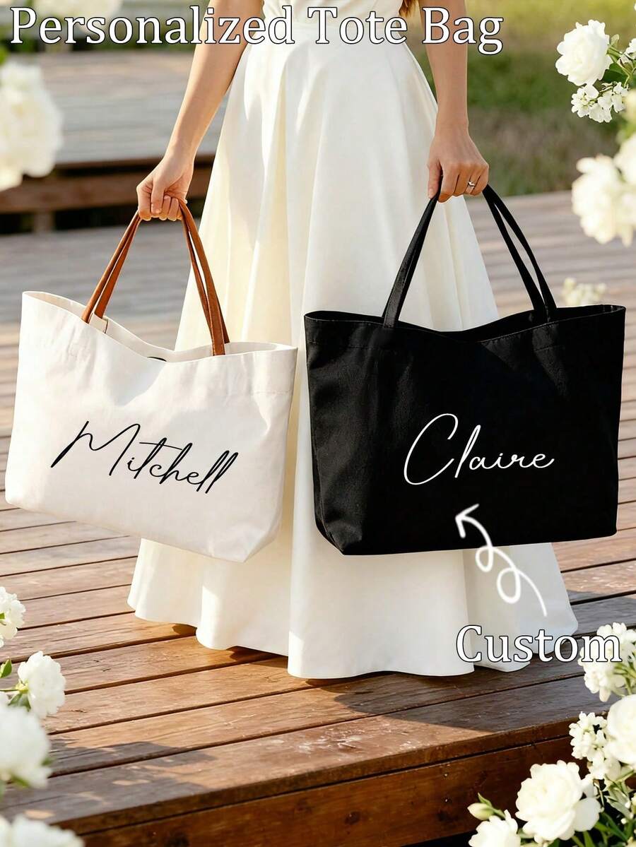 1pc Customized Canvas Tote Bag, Women's Handbag, Beach Bag, Bridesmaid Beach Bag, Can Print Your Name, Portable, Large Capacity, Reusable, Durable. They Are An Ideal Gift For Women, High-Quality And Customizable, Perfect For Weddings, Bridal Showers, And Travel. They Also Make Perfect Personalized Holiday Gifts For Christmas, Thanksgiving, New Year, And Valentine's Day. - Multicolor - View 1