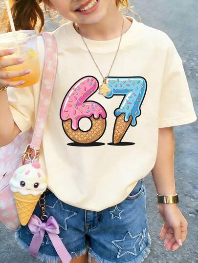 חולצת טריקו עם הדפס "67" וגלידה לילדות מתבגרות, בד רך ונוח, חולצת קיץ אופנתית, מתאימה ליום יום, לבוש רחוב וללבוש בית ספר