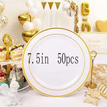 25件套白色圆盘，金色镶边（7.5英寸/10.25英寸），可重复使用且可清洗，适用于婚礼、派对、宴会、情人节、感恩节和圣诞节等场合，宴会餐具，派对餐盘，节日设计，时尚餐具，可重复使用，易于清洁，餐盘，餐饮服务，派对组织者 - 彩色 - 查看 18