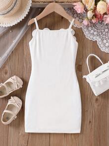 Vit ribbad, åtsittande linneklänning med 3D-motiv och pärldekor för flickor, avslappnad för vardagsbruk - Vitt - Visa 2