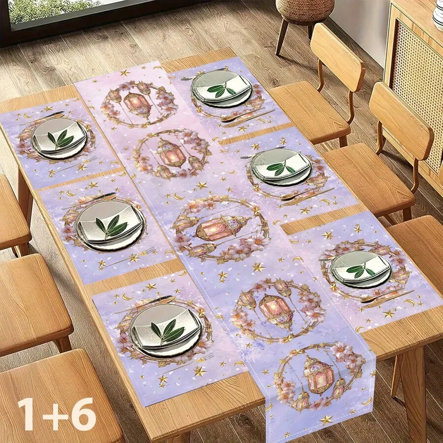 1/4/6 件套，斋月餐垫，亚麻餐桌垫，传统灯笼图案，可水洗印花桌布，表面保护垫，节日厨房和家庭聚会的理想装饰 - 彩色 - 查看 1