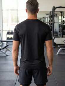 男士运动T恤，速干弹力休闲健身纯色短袖上衣，跑步 - 黑色 - 查看 4