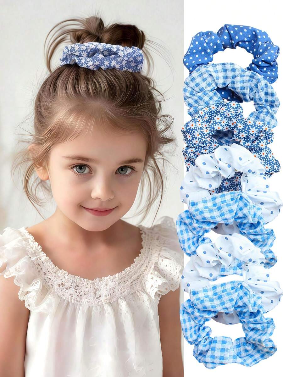 5个/套蓝色碎花、波点、格子发圈 - 3种款式：波点、格子、雏菊 - 适合女孩，适合日常、派对、复古、甜美和校园风格 - 彩色 - 查看 1