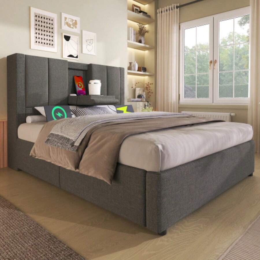 Polsterbett 90x200 cm Einzelbett mit verstecktem Becherhalter & Ladestation, Hydraulisches Bett mit Staurum unter dem Bett, Inkl. Lattenrost, Leinen Grau (Ohne Matratze) - Grå - Visa 1