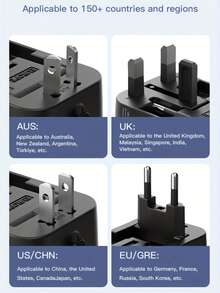 phenomdom 五合一旅行充电器，通用旅行适配器插头，2个Type-C 3A + 2个USB 2.4A快充端口，墙式充电器交流电源插头转换器，适用于美国、欧盟、英国、澳大利亚，USB充电器 - 黑色 - 查看 7