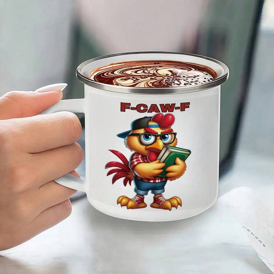 1个趣味公鸡和“F-CAW-F”图案马克杯 - 12.5盎司不锈钢杯，公鸡设计，咖啡杯，适合教师、文学爱好者、毕业典礼、万圣节等场合 - 白色 - 查看 1