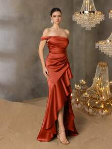 Elisanya 女士优雅露肩正式晚礼服，饰有垂褶荷叶边和高开衩，修身缎面长裙，适合正式晚宴、黑领结派对、婚礼、舞会和奢华晚宴。 - 橘色 - 查看 5