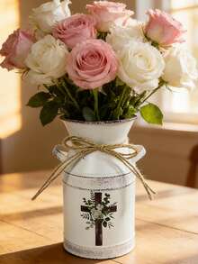 Distressed White Flower Vase. Suitable For Pink Peony & Silver Leaf Bouquet, Paired With An Open Notebook On A Lace Tablecloth, Accented With Flower Petals To Create A Gentle And Elegant Literary Atmosphere. - White - View 5
