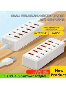 12端口66W大功率充电站 - 6个Type-C PD端口 + 6个USB-A端口 | 单端口最高支持25W低温充电 | 便携式多设备充电器，适用于笔记本电脑/手机/平板电脑 | 家用/办公/旅行/工作场所电源集线器，新品上市 - 白色 - 查看 4