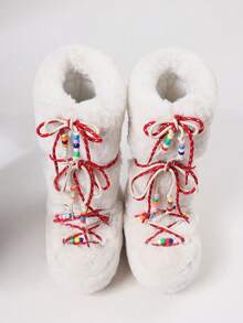 Faux Fur Boots For Women Winter Snow Boots Platform Lace Up Round Toe Boots Warm Snow Shoes Fluffy Winter Boots - 米色 - 查看 9