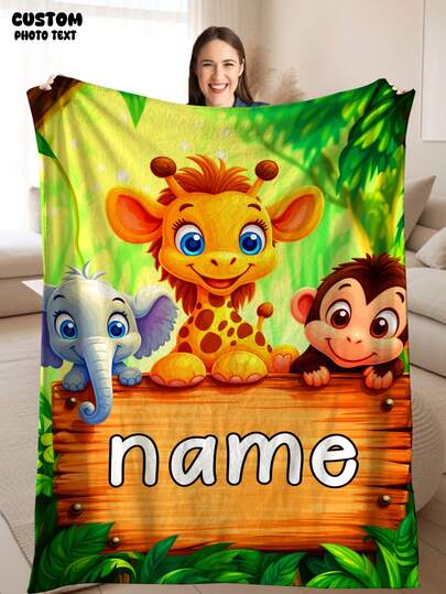 1pc Personalized Blanket, Designed With Forest Animal Pattern - Lightweight Flannel Bedding, Suitable For Sofa, Bed, Travel, Camping, Living Room, Office And Chair - Made Of Soft And Warm Digital Printed Flannel Fabric.